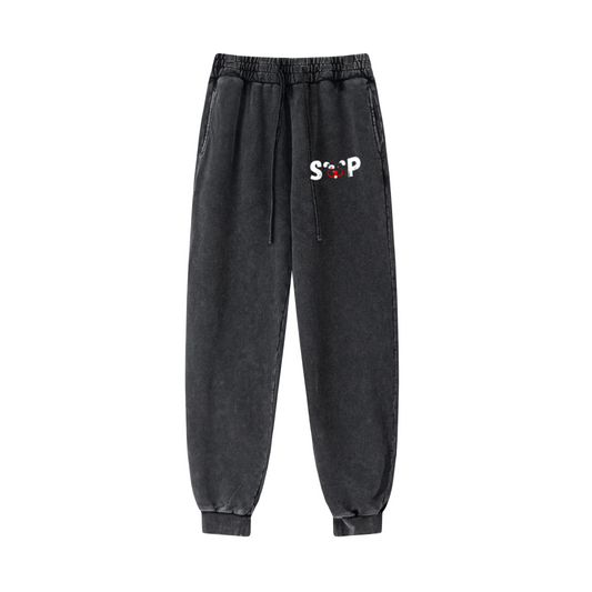 400GSM Men's Heavyweight Snow-Washed Ribbed-Cuff Jogger Pants Snow Wash Grey