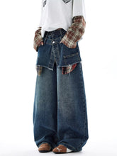 Load image into Gallery viewer, American-style Retro Faux Two-piece Plaid Patchwork Jeans