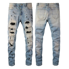 Load image into Gallery viewer, Rhinestone Patch Slim Fit Straight Ripped High Street Jeans