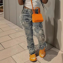 Load image into Gallery viewer, Laminated Ripped Washed Straight Tassle Fashion Casual Jeans