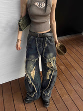Load image into Gallery viewer, American High Street Design Ripped Jeans Spring And Autumn Retro Distressed Big Pocket