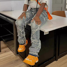 Load image into Gallery viewer, Laminated Ripped Washed Straight Tassle Fashion Casual Jeans