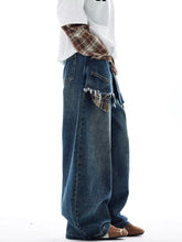 Load image into Gallery viewer, American-style Retro Faux Two-piece Plaid Patchwork Jeans