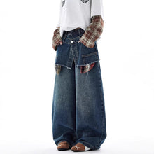 Load image into Gallery viewer, American-style Retro Faux Two-piece Plaid Patchwork Jeans