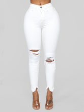 Load image into Gallery viewer, Women's elastic ripped solid color denim long trousers