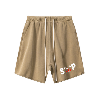 410GSM Unisex Distressed Vintage-Wash Raw-Hem Shorts Khaki