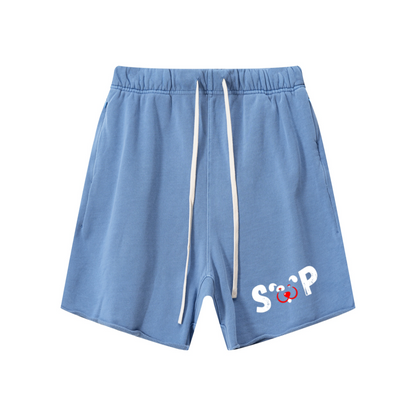 410GSM Unisex Distressed Vintage-Wash Raw-Hem Shorts Light Blue