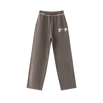 400GSM Men’s Raw-Edge Pigment-Wash Straight-Leg Pants Coffee Brown