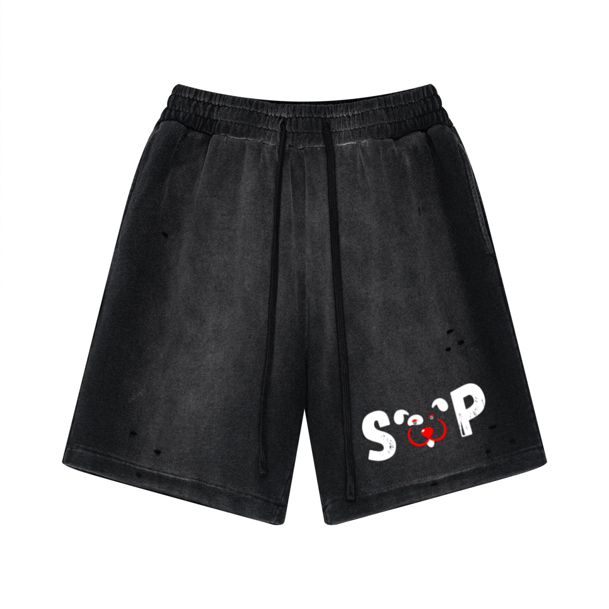 330GSM Unisex Heavyweight Distressed PP Spray Fade Shorts Vintage Black
