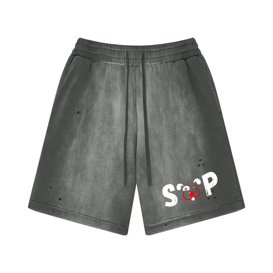 330GSM Unisex Heavyweight Distressed PP Spray Fade Shorts Vintage Dark Gray