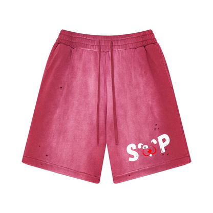 330GSM Unisex Heavyweight Distressed PP Spray Fade Shorts Vintage Red