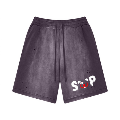 330GSM Unisex Heavyweight Distressed PP Spray Fade Shorts Vintage Purple