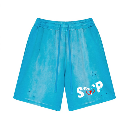 330GSM Unisex Heavyweight Distressed PP Spray Fade Shorts Vintage Blue