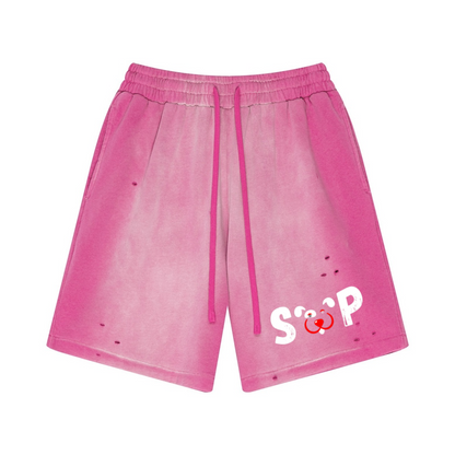 330GSM Unisex Heavyweight Distressed PP Spray Fade Shorts Vintage Rose Pink