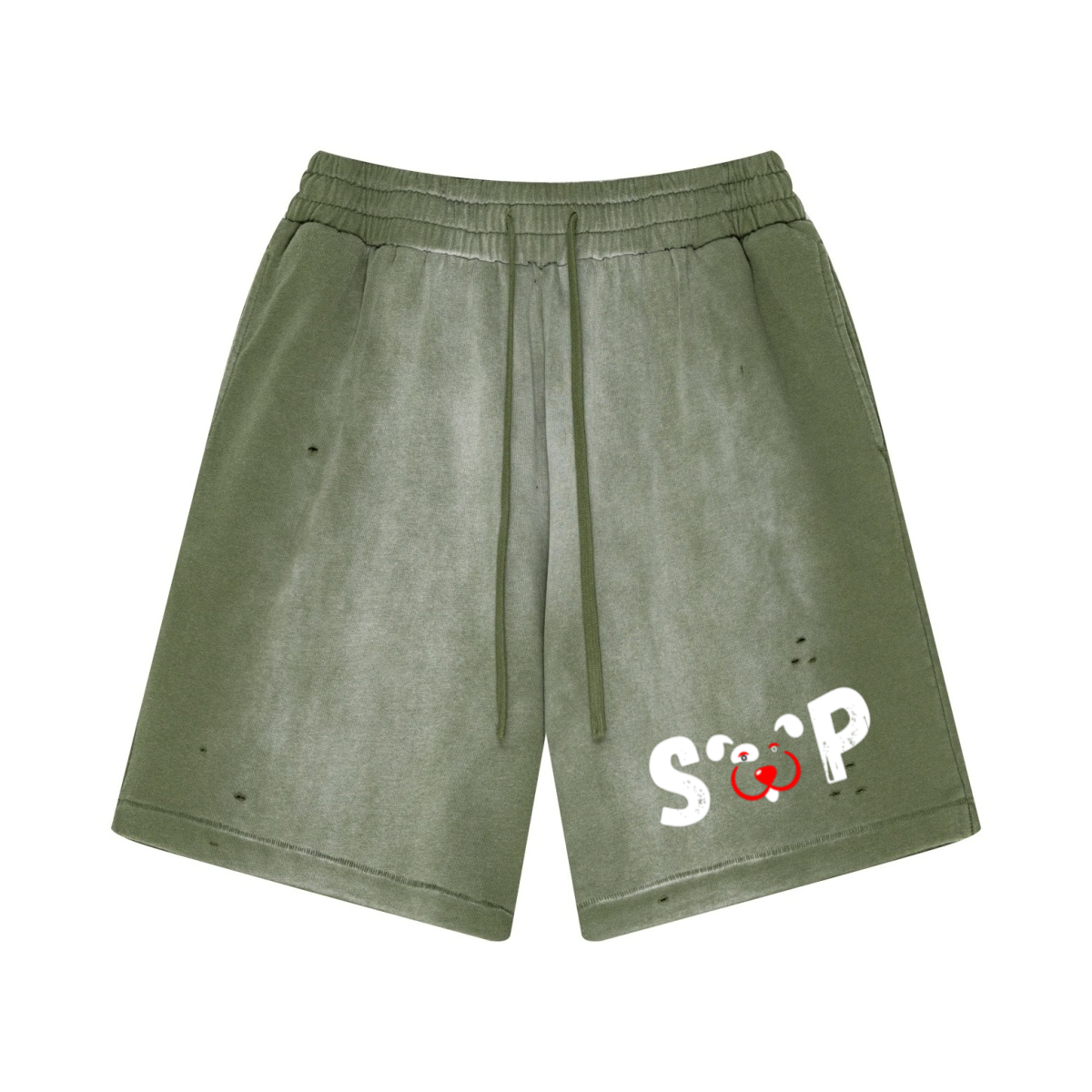 330GSM Unisex Heavyweight Distressed PP Spray Fade Shorts Vintage Military Green