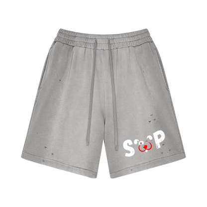 330GSM Unisex Heavyweight Distressed PP Spray Fade Shorts Vintage Medium Gray