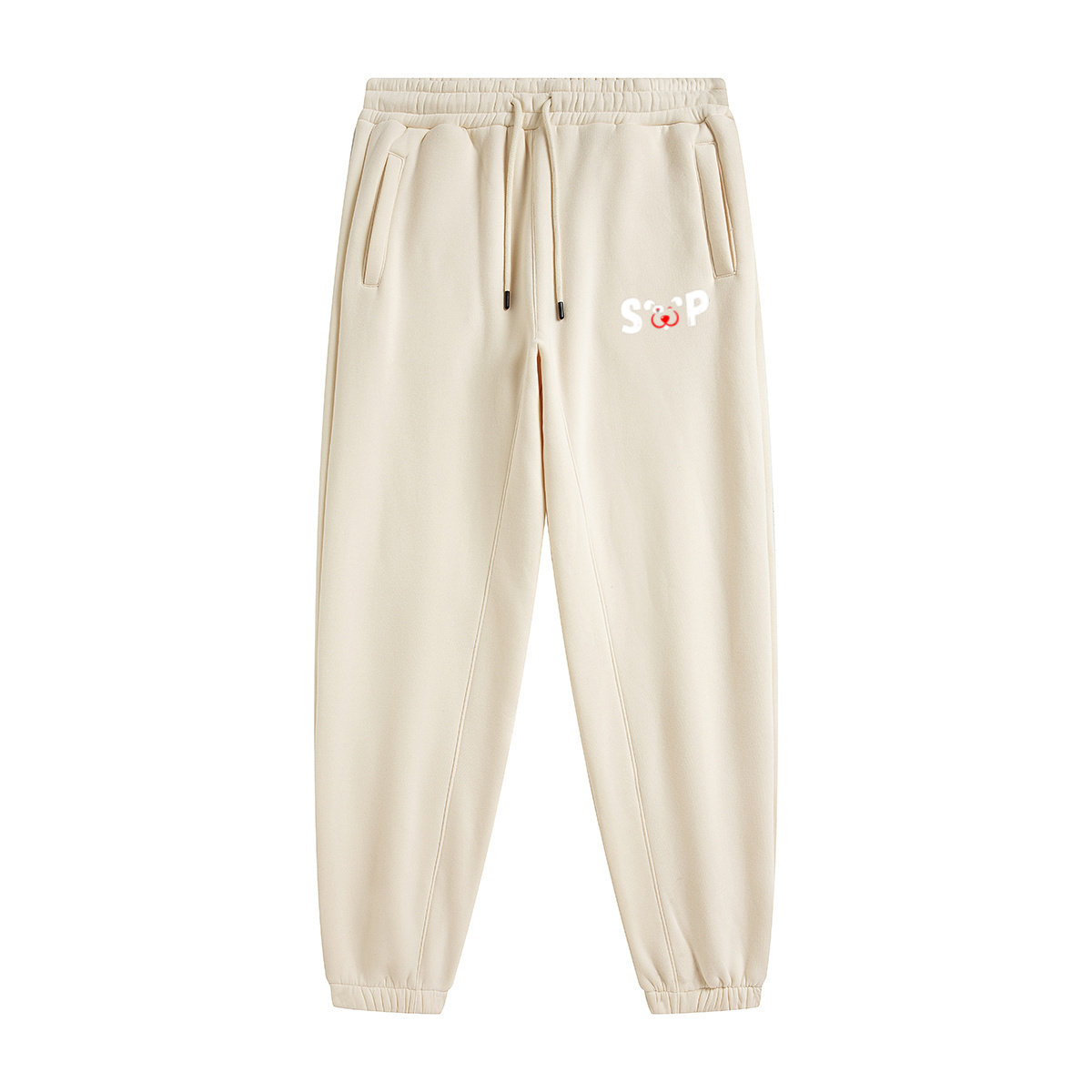 345GSM Unisex Fleece-Lined Clean Solid Drawstring Jogger Sweatpants Cream Apricot