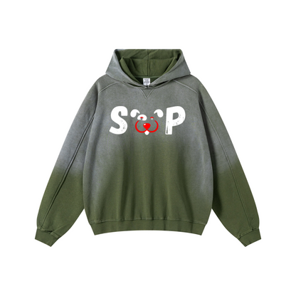 370GSM Unisex Monkey Wash Raw-Edge PP-Sprayed French Terry Hoodie Vintage Military Green