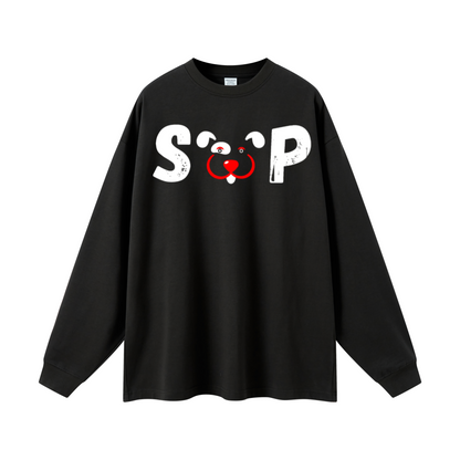 305GSM Unisex Premium Heavyweight Double-Yarn Plain Fabric Earth-Tone Basic Layering Long sleeve Black