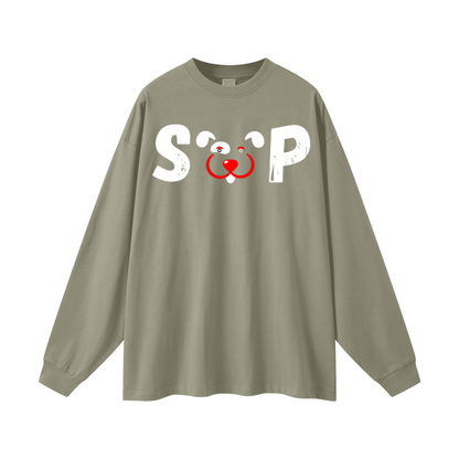 305GSM Unisex Premium Heavyweight Double-Yarn Plain Fabric Earth-Tone Basic Layering Long sleeve Grey Green