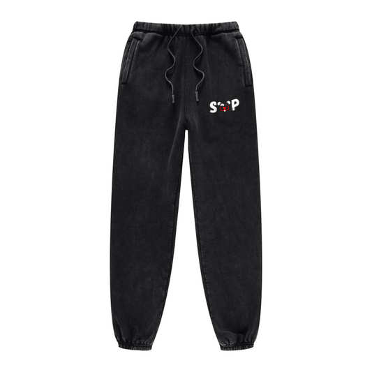 400GSM Unisex Heavyweight Snow-Wash Fleece Jogger Pants Black