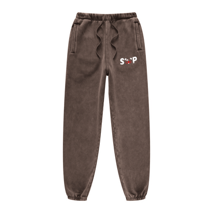 400GSM Unisex Heavyweight Snow-Wash Fleece Jogger Pants Brown