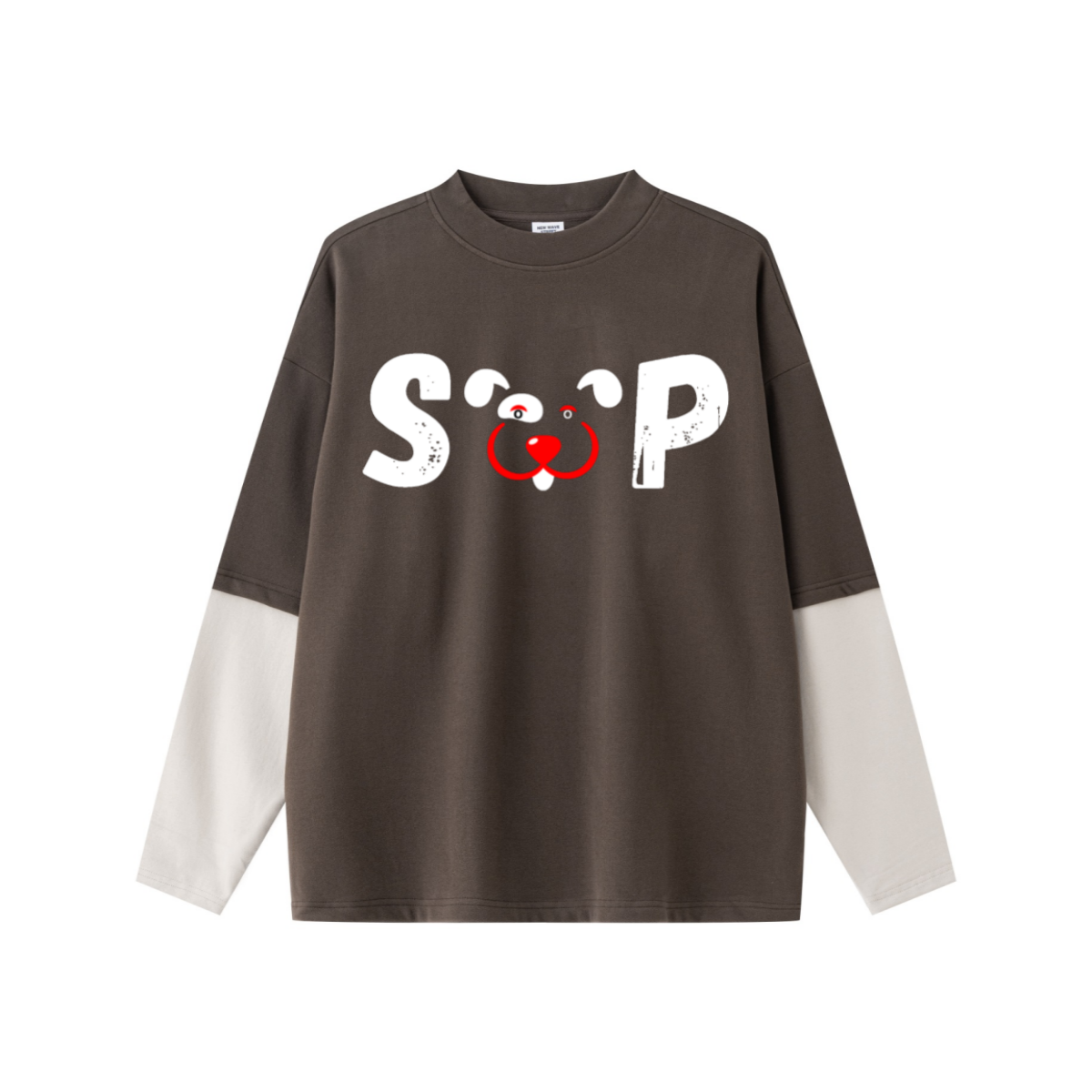 320GSM Unisex Faux Layered Solid Color Base Layer Long-Sleeve Coffee/Grey Apricot