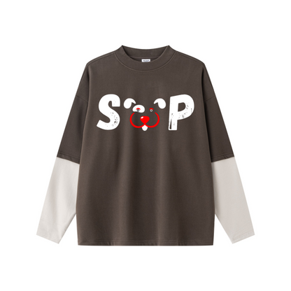 320GSM Unisex Faux Layered Solid Color Base Layer Long-Sleeve Coffee/Grey Apricot