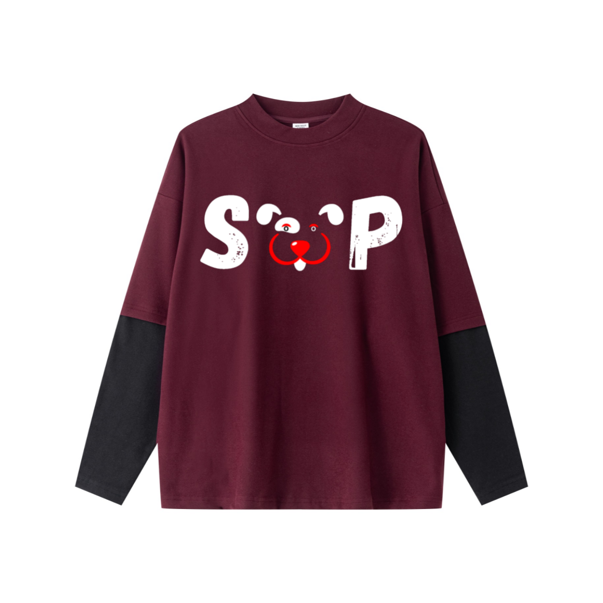 320GSM Unisex Faux Layered Solid Color Base Layer Long-Sleeve Dark Red/Black