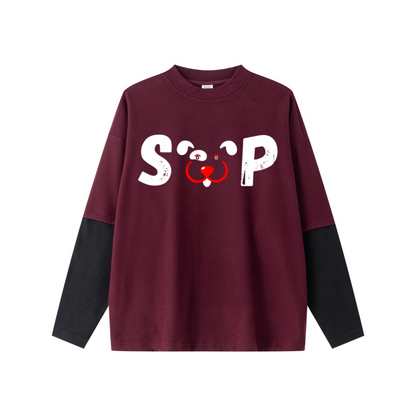 320GSM Unisex Faux Layered Solid Color Base Layer Long-Sleeve Dark Red/Black