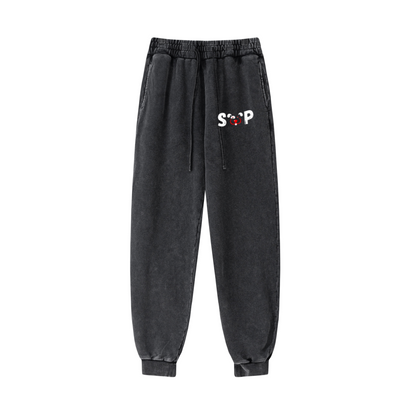 400GSM Men's Heavyweight Snow-Washed Ribbed-Cuff Jogger Pants Snow Wash Grey