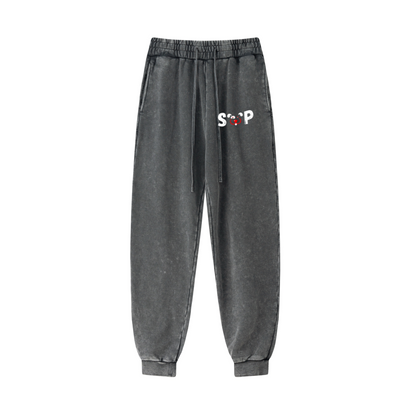 400GSM Men's Heavyweight Snow-Washed Ribbed-Cuff Jogger Pants Dark Grey
