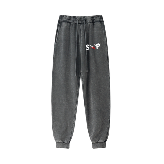400GSM Men's Heavyweight Snow-Washed Ribbed-Cuff Jogger Pants Dark Grey