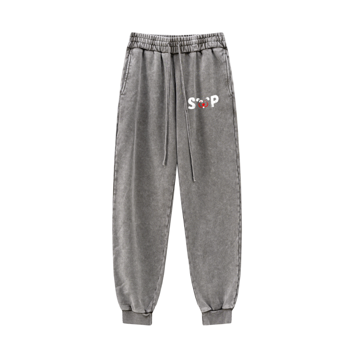 400GSM Men's Heavyweight Snow-Washed Ribbed-Cuff Jogger Pants Light Grey