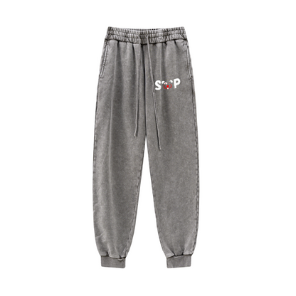 400GSM Men's Heavyweight Snow-Washed Ribbed-Cuff Jogger Pants Light Grey